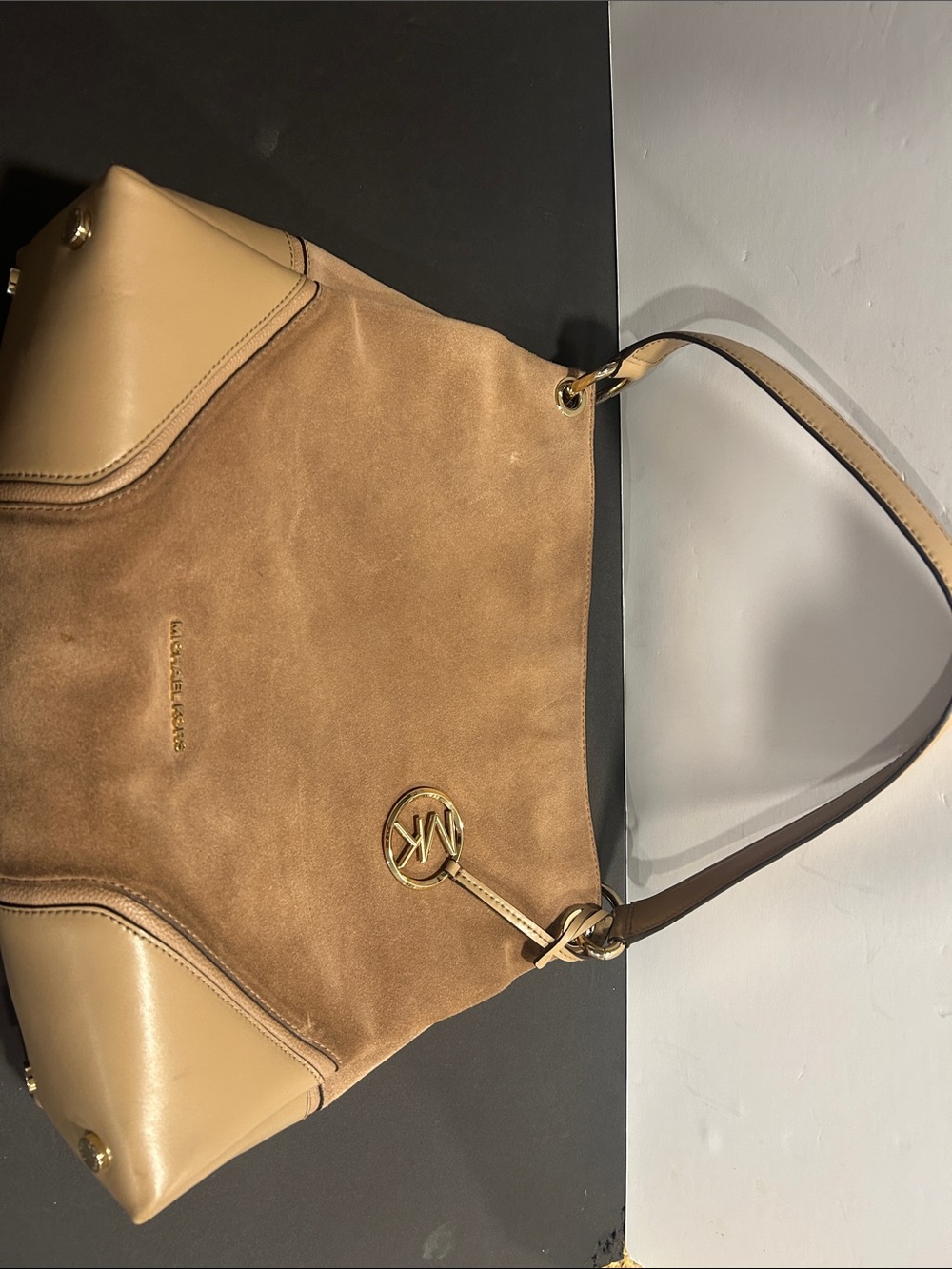 Michael Kors Tan Suede & Leather Shoulder Tote with Gold Logo